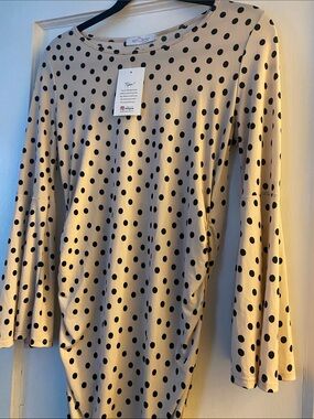 MYDLON Beige Long-Sleeve Polka Dot Ruched Midi Dress